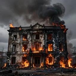 burnt out building, no fire, no smoke, dark and moody, photography, realism, dslr photo, canon, award winning!! highly detailed 8 k. intricate, by john martin and carl gustav carus smoke fire _ vibrant colors