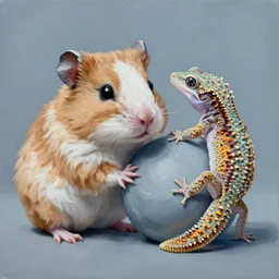 painting of hybrid hamster and gecko!!!!, intercrossed animal, crossbred, by zdzislaw beksinski, by lewis jones, hybridized, cold hue's, warm tone gradient background, concept art, digital painting