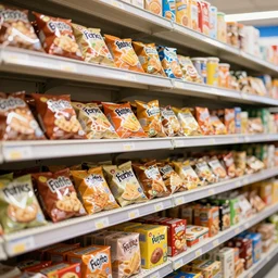 4K texture of Walmart shelves lined with snacks, photorealistic