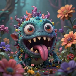 intricate colourful murky with strange cute friendly horror crazy monsters with huge beauty eyes long tongue triangle teeth and scary face appearing from the flowers, in the style of craola, shallow depth of field, highly detailed, digital painting, trending artstation, concept art, illustration, cinematic lighting, vibrant colors, photorealism, epic, octane render