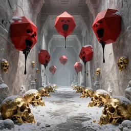 large hallway filled with snow and gold skulls, red floating geometric shapes with mouths and leaking black liquid, artstation, by anato finnstark,
