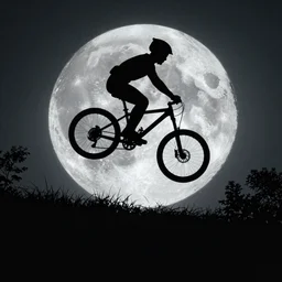 a silhouette of an alien making a big jump with bike with, flying, a silhouette of trees and big grass, big shiny moon on the background at night