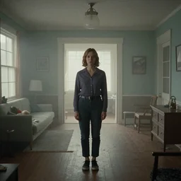 annie leibovitz photography, portrait, cosmic horror, horror, wes anderson cinematography, suburban home interior, liminal space, atmospheric haze, film. film still, 1 6 mm cinematography