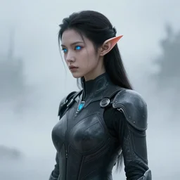 high tech suit on pointed ear forrest elves, eerie lighting and mist + manga art style, pencil drawing + alphonse mucha, ridley scott, highly realistic, octane renderer
