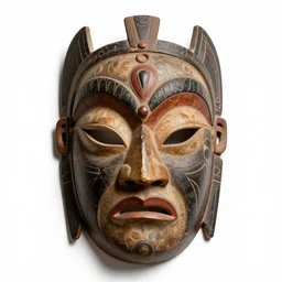 vintage tribal mask, commercial catalog photo, isolated on a pure white background, centered, entire object in frame, sharp focus, soft studio lighting