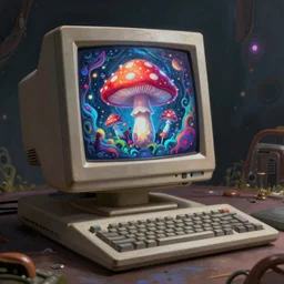 A realistic painting of a vintage computer, with psychedelic mushroom art on the screen, in a post apocalyptic setting, unreal 5, DAZ, hyperrealistic, octane render, RPG portrait, dynamic lighting,