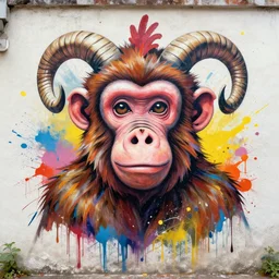 maximalist splatter paint of a anthropomorphic monkey with cow ears pig nose chicken feathers sheep horns on a mural wall