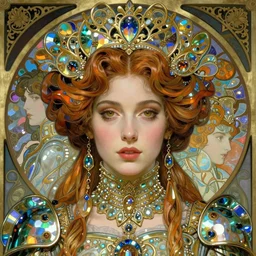 realistic detailed face portrait of a beautiful futuristic italian renaissance queen in opulent alien glass armor by alphonse mucha, ayami kojima, amano, greg hildebrandt, and mark brooks, female, feminine, art nouveau, ornate italian renaissance cyberpunk, iridescent venetian blown glass, neo - gothic, gothic, character concept design