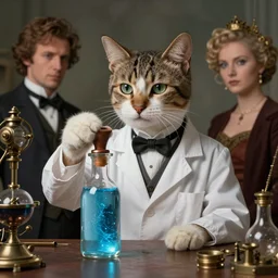 an aristocratic cat dressed as a scientist intrigued by a refined transparent little bottle filled with magic blue iridescent liquid, art highly detailed, by frank frazetta, keith parkinson and greg rutkowski and aleksandra skiba, concept art, steampunk