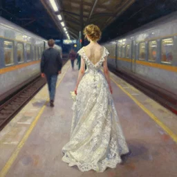 paint brush strokes, abstract watercolor painting beautiful woman from the back, wearing a long flowing lace wedding dress in a train station platform at night, ambient lighting, art by hans dahl, by jesper ejsing, art by anders zorn, wonderful masterpiece by greg rutkowski, cinematic light, american romanticism by greg manchess, impressionism by tyler edlin