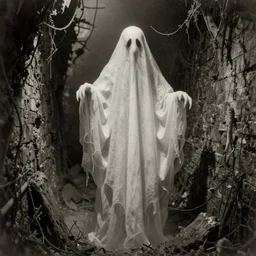 scary unproportionable tall ghost creature in the middle of a trench, ghost, 1900s picture