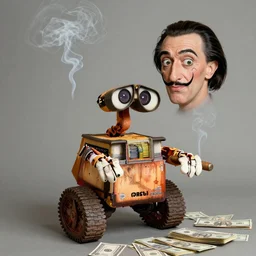 Wall-e and Salvador Dali smoking cigars and counting money
