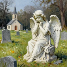 statue of a crying angel sitting by a grave, graveyard with a church in a forest meadow landscape, pastel drawing