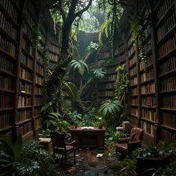 decaying interior of an ( ( old library ) ) with a rainforest growing inside, highly detailed, dark at night, intricate detail, beautiful 3 d rendering, octane render, hyperrealistic, trending on artstation, by greg rutkowski and simon stalenhag