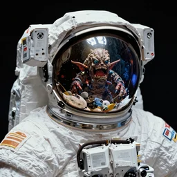 wide angle pinhole photo of an astronaut infinite helmet award winning national geographic, space monster can be seen in the helmet reflection