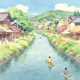a japanese summer festival by the river, brian froud, yoshitaka amano, kim keever, victo ngai, james jean. pastel colors