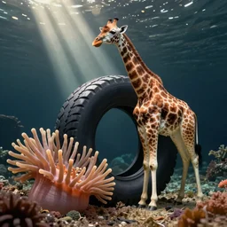 sea anemone with a giraffe - tire around its tire - giraffe