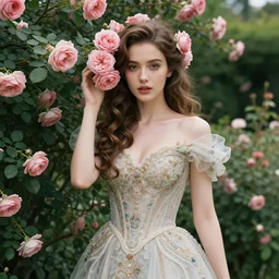 beautiful woman in the middle of a lush garden with roses in her hair and an intricate gown, highly detailed, artstation, art by artgerm and greg rutkowski,