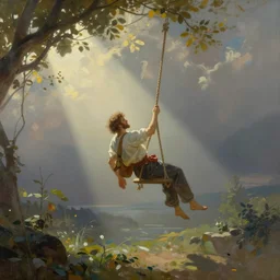steve o swinging as tarzan. gouache fairytale art, russian romanticism, muted palette, backlighting, depth of field