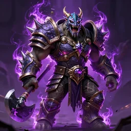 enraged orc king in spiky armor with a purple fiery aura!!!!!!, wearing a dragon mask, holding a poisonous axe, trending on artstation, sharp focus, highly detailed, digital fantasy art