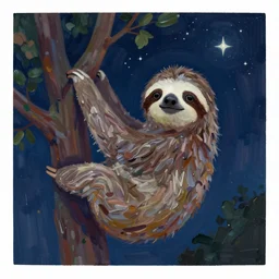 a cute sloth hanging on a tree on a beautiful night with stars, everything made of thick flowing dramatic brush strokes, impressionist, matte colors, trending on artstation