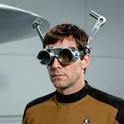 geordi la forge on the starship enterprise wearing chrome googie visor and hardware tools on his head, mid - century modern, single image