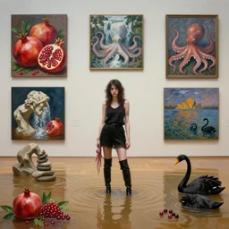painting of flooded sydney mca art gallery with paintings on the wall, emo girl holding a squid and wearing long black boots, pomegranates, octopus, waterfall, stone sculpture by rodin, zen, black swans, berries, surrealist, by magritte and monet