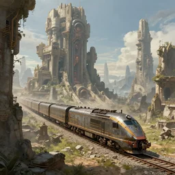 train landscape. an incredibly colossal giant huge technomagical ancient fantasy train rides through massive ancient ruins of megastructures. extremely high details, artstation contest winner, masterpiece, fantasy art, steampunk, digital art by anthony brault, hubert robert