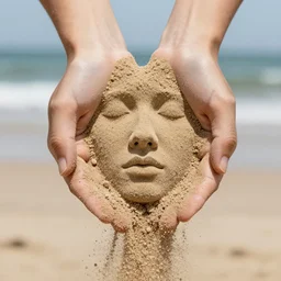 hands holding a face made of sand vanishing, photorrealistic, 8 k