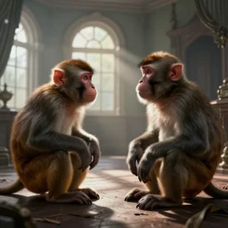 two macaques looking at each other inside victorian mansion, digital art, soft shadows, creepy art, sun flare