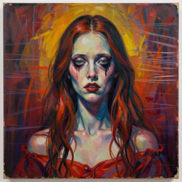 beautiful girl, grotesque, doomed, acrylic paint, high resolution gouache on canvas, ugly vibrant colors, grotesque, wrapped thermal background, art francis bacon