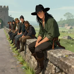 medieval young male thief sitting on a wall on the side of a road, smiling, long black hair, black felt hat and green olive shirt by stanley artgerm lau, wlop, rossdraws, frank frazetta, andrei riabovitchev, marc simonetti, tranding on artstation
