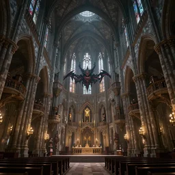 hyper realistic minecraft interior of of a large cavernous grand cathedral with many balconies with demonic influences