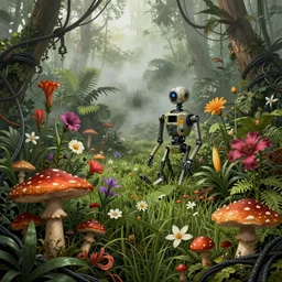 a lot of jungle flowers and plants + poison toxic mushrooms surrounded by cables + long grass + broken droid + mystic fog, line drawing, no - shadow, black and white, by makoto shinkai takashi takeuchi studio ghibli, akihiko yoshida, 7 0's vintage sci - fi style, rule of third!!!!, top view