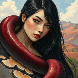 burgundy python snakeskin, girl with long black hair, hills biome, midday. highly detailed, digital painting, watercolor, soviet realism, engraving, artstation, concept art, smooth, sharp focus, vivid grunge, manga, illustration, unreal engine 5, 8 k, art by bilibin and kilian eng and kuvshinov and malevich and mucha