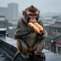 monkey eating a hot dog on a rooftop in the rain, gothic, nightcore, 4 k, highly detailed, beautifully rendered