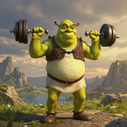 shrek lifting weights, in the style of sakimichan