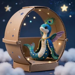 a finely knit bipedal starry night eel snake fantasy mermaid with a fish body, hummingbird hair, wearing peacock feather mage robes with gold accent jewelry, inside a handcrafted cardboard observatory to look at the hand painted night sky full of glittery star stickers and glow in the dark star stickers, adorable, charming, macro camera lens, well lit, cinematic, real life, led lights, cotton clouds