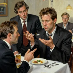 leon kowalski replicant from blade runner is unhappy with the soup he has received in a restaurant and is considering making a complaint, painted by norman rockwell and tom lovell and frank schoonover