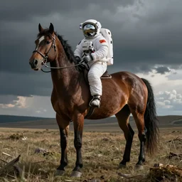 the horse sat on the astronaut's head, on his back, style surrealism