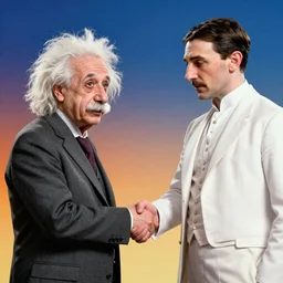 3d render of Albert Einstein and Nikola Tesla handshaking, digital art, unreal engine 5, trending on artstation, movie shot, cinematic perspective, studio shot, Vibrant colors, Smooth gradients