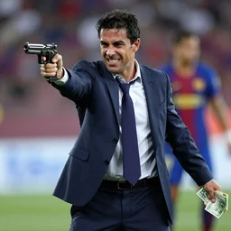 The crazed President of FC Barcelona in a disheveled suit holding a player at gunpoint and demanding money