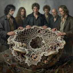 oil paint lace net fungal pit, rotting, by alberto bontempi, alex ross, shigeru komatsuzaki, wayne d barlowe, alex ross, stefano tamburini, simon bisley & boris vallejo, enric torres, hyper realism, narrative light, muted colors, epic, hyper detailed, awe inspiring, award winning horror, narrative lighting, hyper realism,