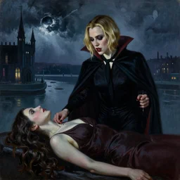 a vampire Elle Fanning draining her victim in the world of Edward Hopper, stormy weather, extremely detailed masterpiece, oil on canvas, low-key neon lighting, artstation, Blade Runner 2049, Roger Deakin’s cinematography, by J. C. Leyendecker and Peter Paul Rubens,