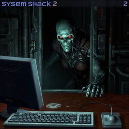Screenshot of the computer game System Shock 2 from 1999. Shodan the evil Artificial intelligence is seen lurking around the corner