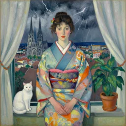 portrait of woman in colorful kimono, white cat and house plant with city with gothic cathedral seen from a window frame with curtains. thunderstorm. agnes pelton, caspar david friedrich, bonnard, henri de toulouse - lautrec, utamaro, matisse, monet