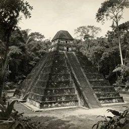old photo of black pyramid in a jungle, 1884