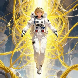 full body frontal portrait of an unimaginably beautiful female astronaut floating entangled in thick yellow cables and thick white cables made of light, gorgeous, elegant, young anime girl, an ultrafine hyperdetailed illustration by kim jung gi, irakli nadar, intricate linework, bright colors, octopath traveler, final fantasy, unreal engine 5 highly rendered, global illumination, radiant light, detailed and intricate environment