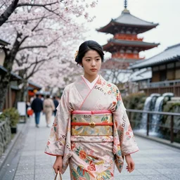 movie still by alejandro jodorowsky of a beautiful day in kyoto japan, a girl wearing a gucci kimono is walking down the street, cherry blossoms and a waterfall, cinestill 8 0 0 t eastmancolor technicolor, high quality, very detailed, heavy grain, fine facial features, 8 k, octane render