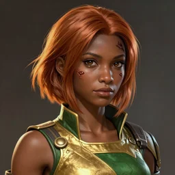 An sci-fi comic book style portrait painting of a short, dark-skinned, slender soldier girl wearing a gold and green shirt with short auburn hair that comes almost to her shoulders with brown eyes that look almost black with flecks of gold in them. The girl has a medium-sized scar on the upper right side of her head, unreal 5, DAZ, hyperrealistic, octane render, cosplay, RPG portrait, dynamic lighting
